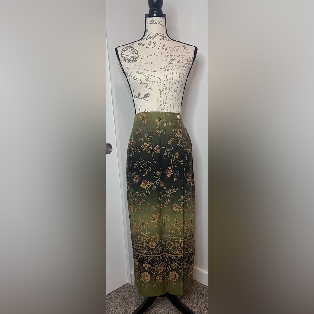 Vintage Fashion Bug Maxi Pencil Skirt Large Olive Green Floral 100% Rayon USA